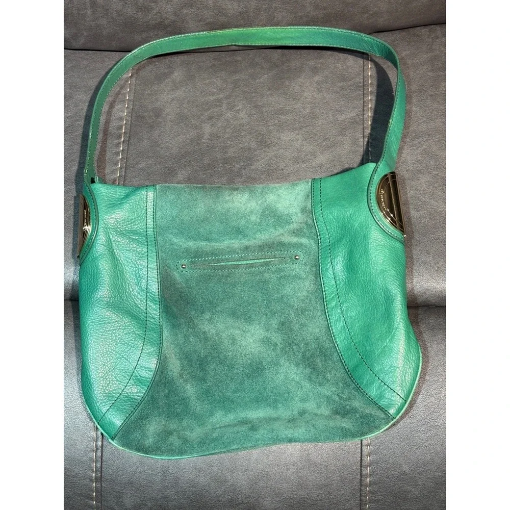 B. Makowsky Green Leather Suede Hobo Shoulder Bag Leopard Print Lining Gold Tone